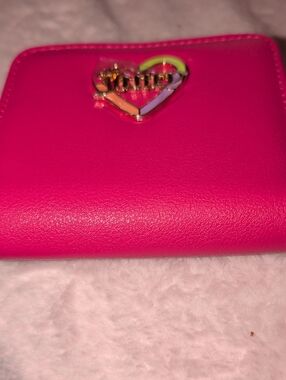 Juicy Couture Bright Pink Wallet with Rainbow Heart Emblem